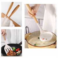 MANJIA-Ustensiles de cuisine antiadhésifs en silicone, manche en bois résistant à la chaleur, spatule, louche à soupe, service à pâtes