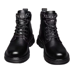 Bottes en cuir pour homme, style Martin, mi-hautes, noires, doublées de polaire, chaudes pour l'hiver, bottes de neige - Product Image 5