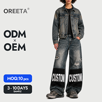 Ensemble 2 pièces streetwear pour homme : Veste en jean délavé avec logo personnalisé et jean large déchiré, patchwork, OEM ODM