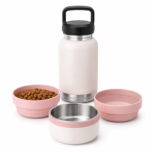 Cross-border Custom 3-in-1 Portable Stainless Steel Pet Feeder Travel Dog Water Bottle Food Container Outdoor Use Vacuum