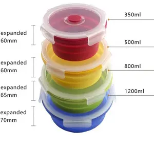 4PCS Silicone Collapsible Bento Folding Food Storage Container Round Leakproof Lunch Box Portable Outdoor Picnic