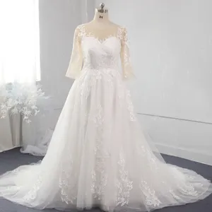 Ivory skin color lace bodice 3/4 sleeves a line plus size big women wedding dresses