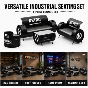 Ensemble de meubles modernes industriels en forme de fût d'huile noir, finition thermolaquée, ensemble de canapés en métal pour salle à manger, bar, café, salon, usage commercial - Product Image 3
