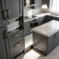 Meubles de cuisine modernes en bois naturel avec armoires supérieures en verre rétroéclairé, îlot en marbre et tiroirs à fermeture douce