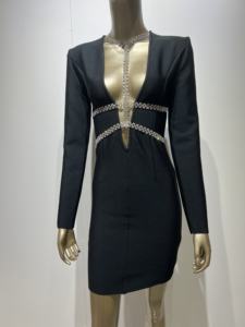 Nuovo arrivo <span class=keywords><strong>da</strong></span> donna a manica lunga bianca nera Sexy con scollo profondo a V Mini abito a fascia formale abito <span class=keywords><strong>da</strong></span> sera abito <span class=keywords><strong>da</strong></span> sera - Product Image 6