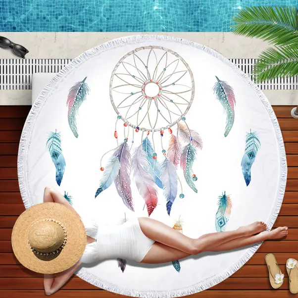 Feather Round Beach Towel For Adults Absorbent Tassel Microfiber Pool Swimming Blanket Tapestry
