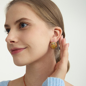 Floral <b>Stud</b> <b>Earrings</b> Gold Plated Stainless Steel Round Geometric Design Gift Jewelry - Product Image 3
