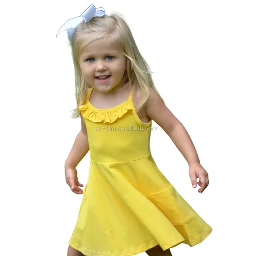 Hot Sale Girls' Party Dress 100% Cotton Twirly Tank Dress Spaghetti Strap Solid Yellow Ruffled Hem Casual Kids Girls Dresses