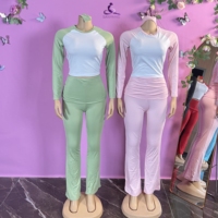 Ensemble décontracté 2 pièces femme 2026 : Haut court à col rond et manches longues + Pantalon taille haute contrastant, tenue de fête de Noël tendance (avec bandeau)