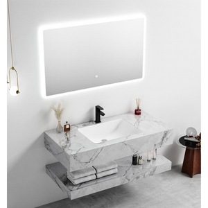 CR Wall Mounted <b>Bathroom</b> Vanity <b>Grey</b> Marble Countertop with Integrated Sink and LED <b>Mirror</b> - Product Image 1