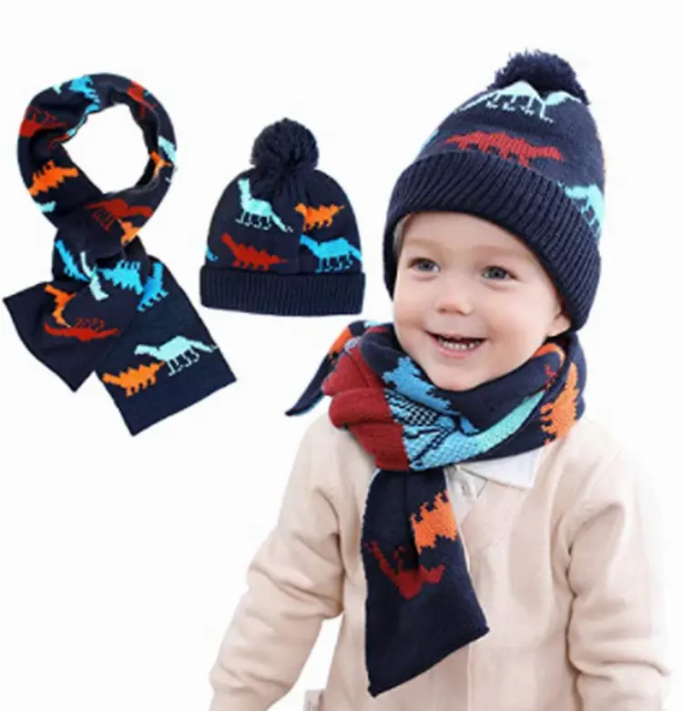 Baby Winter Hat Scarf Mittens Set Incluindo Pompom Dinosaur Beanie Malha Toddler Luvas Quente Fleece Scarf