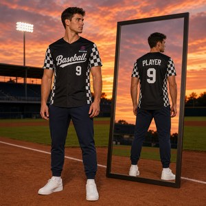 Maillot de baseball personnalisé en gros, imprimé damier, séchage rapide, respirant, boutonné, en polyester, uniforme d'équipe par sublimation - Product Image 1