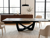 Table de salle à manger de luxe en pierre frittée avec plateau en dalle de marbre d'inspiration européenne et base métallique, vente en gros