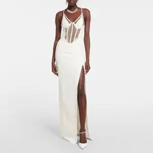 High Fashion Spaghetti Strap Bandage Dress Sexy Sequin Slit Slip Bodycon White Corset Maxi Evening Dresses Women Elegant