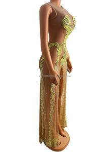 Costume nightclub bar <span class=keywords><strong>cantante</strong></span> femminile piena di gonna lunga a fessura in prospettiva a rete di diamanti - Product Image 5