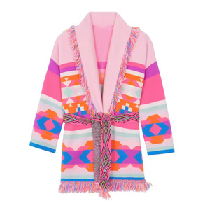 Maglione da Donna Personalizzato Primaverile Casual Design Retrò Motivo a Quadri 100% Acrilico <span class=keywords><strong>con</strong></span> <span class=keywords><strong>Frange</strong></span> Scollo a V Lavorato a <span class=keywords><strong>Maglia</strong></span> Jacquard Sfilacciato - Product Image 2