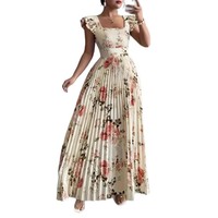 Robe longue plissée sans manches à col carré, imprimé floral, style chinois, en polyester, coupe princesse, nouvelle collection été 2026
