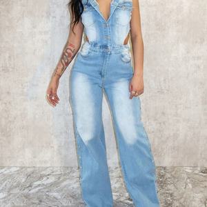 Nouvelle Combinaison en Jean Luxe Décontractée pour Femme, Style Printemps, Extensible, Sans Manches, Découpes Creuses, Fente, Coupe Ample, Jambes Larges - Product Image 1