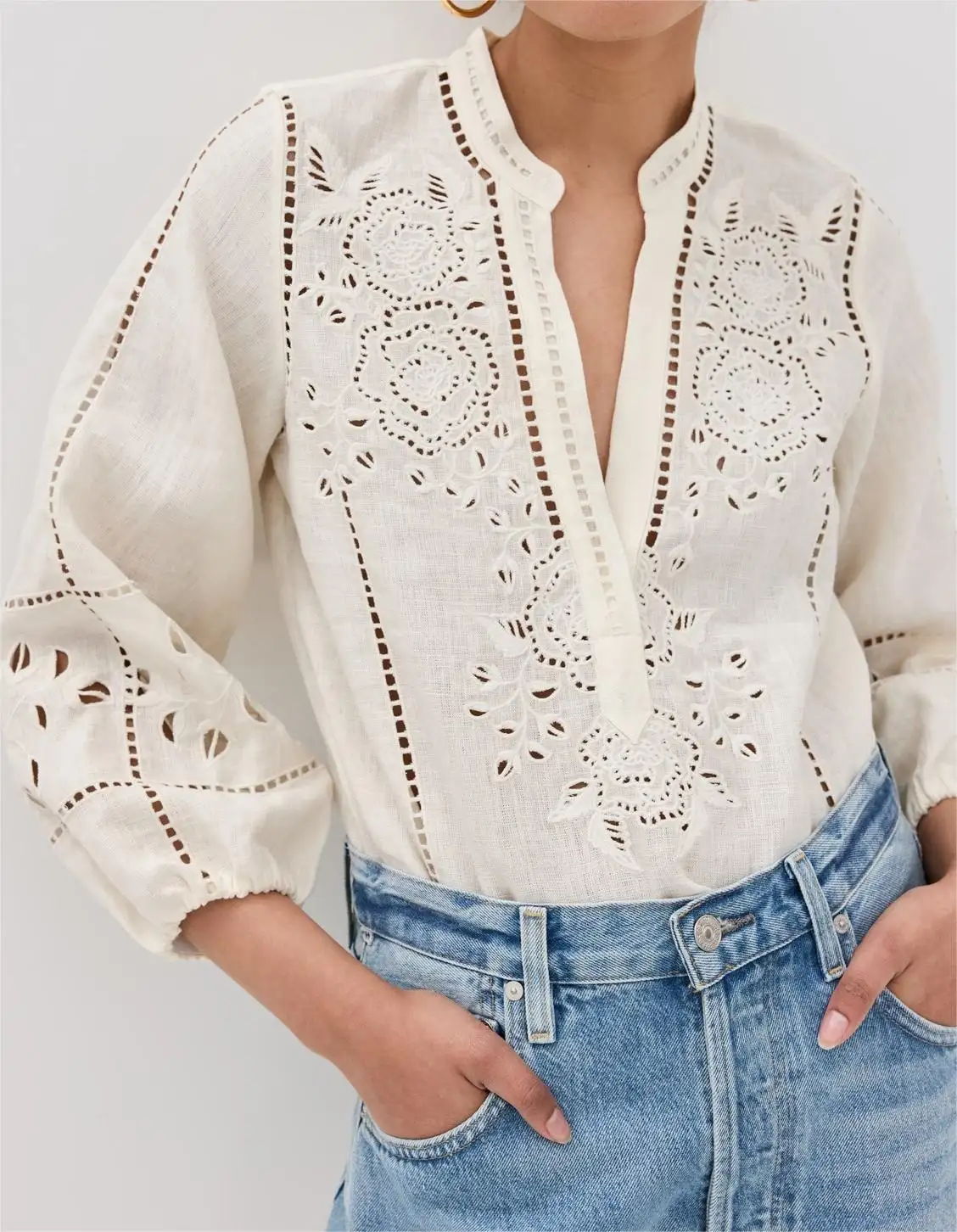 2024 blusas holgadas de manga 100% de lino de algodón 3/4 blancas con recortes florales de primavera para mujer, camisas informales bordadas elegantes