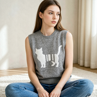 Chaleco de punto jacquard con estampado de gatos casual para mujer, cuello redondo, sin mangas, ajuste holgado, chaleco de punto, suéter de moda para capas, top sin mangas