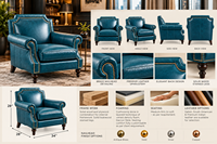Fauteuil élégant en cuir vert sarcelle avec accents cloutés, accoudoirs larges et coussinets de soutien pour salons de luxe