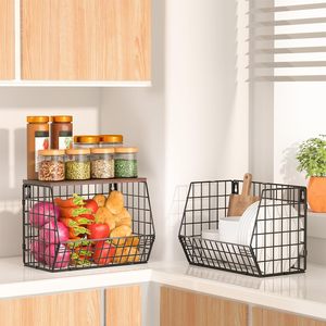 Panier métallique de rangement empilable moyen pour fruits et oignons avec couvercle en bois, étagère murale à plusieurs niveaux pour organisateurs de cuisine - Product Image 1