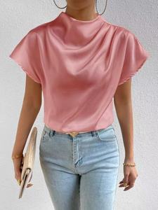 Camiseta de satén de verano para mujer, top holgado con fruncido en el hombro izquierdo y cuello corto, ¡novedad de gran venta! - Product Image 5