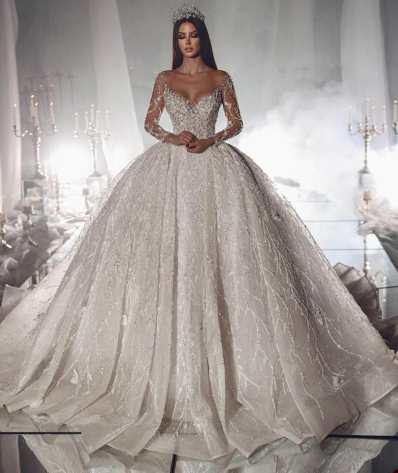 open lace back dress Sparkly Princess Wedding Dresses with Cap Sleeve 2019 Elegant Bridal Dress Ball Gown Pearls