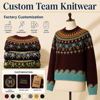 Pull personnalisé avec logo, col rond en tricot jacquard tropical, haut tricoté pour femme, hiver, petit MOQ 50 pièces, OEM, uniforme d'équipe scolaire