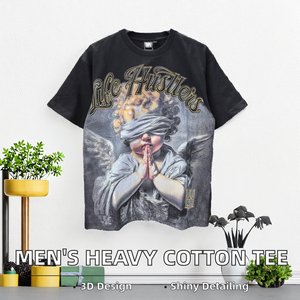 T-shirt da uomo a manica corta in cotone 100% pesante 240g, lavorata a maglia, con grafica 3D personalizzata a forma di angolo e strass, vestibilità regular. - Product Image 3