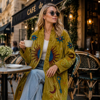 Manteau long en velours pour femme, motif Soleil Lune Étoile, broderie Suzani céleste, vêtement d'extérieur de festival, manteau long élégant