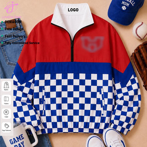 Jaket Windbreaker Loveda Vintage Team Logo 1/4 Zip Bermotif Kotak-kotak Leopard Lengan Panjang dengan Bordir - Product Image 1