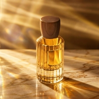 Venta al por Mayor de Botellas de Perfume de Vidrio Transparente de Alta Calidad de 50 ml y 100 ml con Tapas de Madera y Caja Redonda