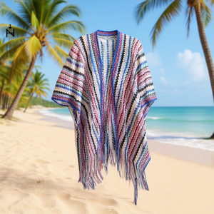 Cardigan de style ethnique 92x165cm, tricoté à franges, pour la plage ou comme vêtement d'extérieur - Product Image 2