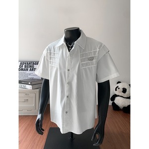 Niche Deconstructed Split Shoulder Pad White Loose Pleated Oversized Long Vintage <b>Cardigan</b> Metal Design Sense Shirt Male - Product Image 1