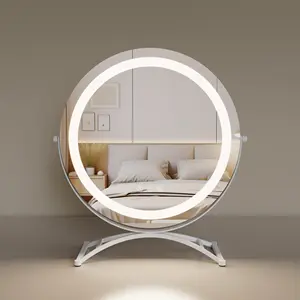 Espelho de vaidade de mesa de maquiagem de mesa de cosméticos redondo branco com LEDs de alta qualidade e toque inteligente portátil