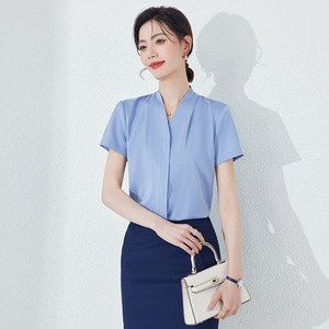 V-neck Shirt Women Solid Color Polyester Satin Anti-Wrinkle Office Wear - Product Image 3