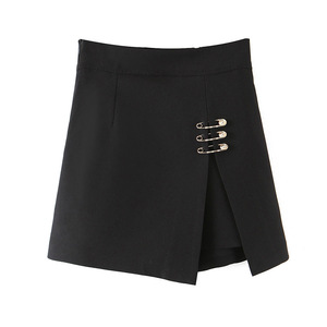 Jupe pantalon taille haute noire Runqi pour femme N7519 avec bouton à épingle en satin couleur unie grande taille - Product Image 4