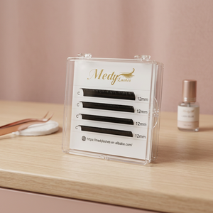 NQ Eyelash Factory Handmade Individual Synthetic Natural C Curl Eyelash Extensions 12mm Premade Fans in Clear Plastic <b>Case</b> - Product Image 1