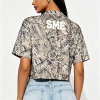 Kaos Crop Top Camo Custom Print Kerah Bulat Lengan Pendek Model Drop Shoulder Vintage Motif Pohon Kamuflase Longgar