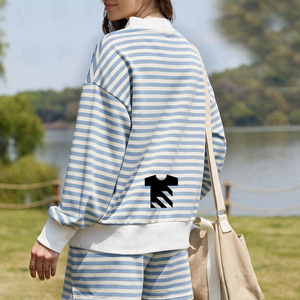 Custom Two Piece Striped Sweatshirt And Shorts Wholesale Cotton French Terry Streetwear Mockneck Sweatshirt Set Girls Stripes - Product Image 4