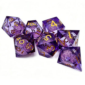 Transparent Purple Glitter Liquid Core Gold Embossed Sharp DND <b>Dice</b> Smooth Roll For Fantasy Wizard TTRPG Roleplay Gatherings - Product Image 6