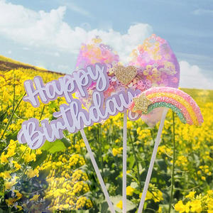 Décoration de gâteau style INS, nœud à paillettes <span class=keywords><strong>arc</strong></span>-<span class=keywords><strong>en</strong></span>-<span class=keywords><strong>ciel</strong></span>, carte de gâteau d'<span class=keywords><strong>anniversaire</strong></span> à insérer, accessoire de gâteau pour fête de fille - Product Image 5