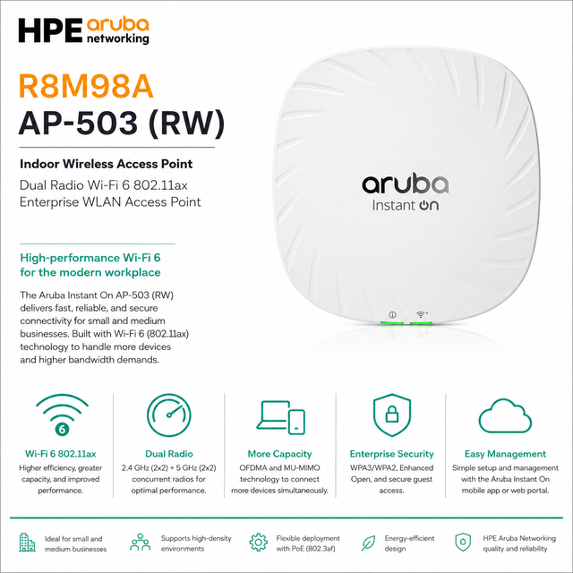 HPE Aruba Networking R8M98A AP-503 (RW) Indoor Wireless Access Point Dual Radio Wi-Fi 6 802.11ax Enterprise WLAN Access Point