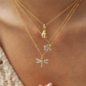 Collier délicat Showfay étanche en acier inoxydable plaqué or 18 carats avec pendentif libellule et coccinelle à sept points en zircon - Product Image 1