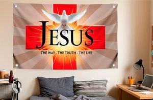 لافتة مسيحية مخصصة من البوليستر مقاس 3×5 قدم، مطبوعة على وجه واحد، تحمل عبارة 'طريق يسوع، الحياة، الصليب' مع رمز الحمامة، لتزيين الجدران، مع 4 عراوي نحاسية للحدائق - Product Image 3