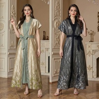 Abaya pour femmes musulmanes, col rond, broderie, robe maxi, col en V, manches courtes, style marocain, turc, caftan ample, robe musulmane Abaya