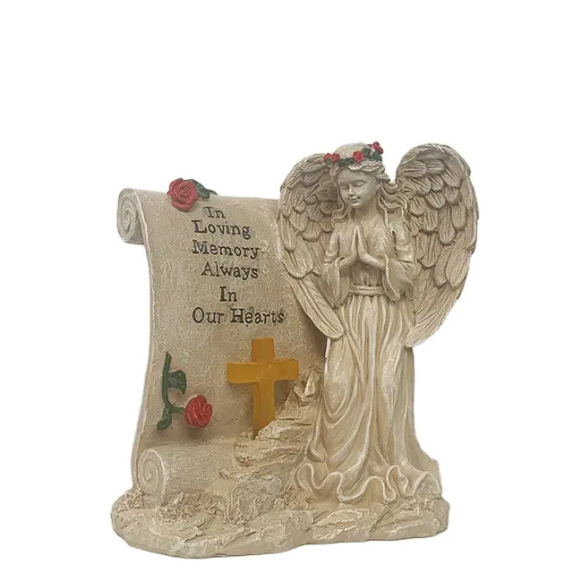 Polyresin Angelo Ali Cielo Croce Memorial Luce Solare Figurine Decorazione