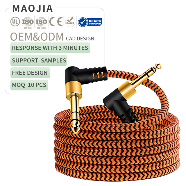 1/4 Inch TRS Stereo 6.35 mm Male to Right Angle Male Guitar Cable OFC Braided Shielded Audio Instrument Cable