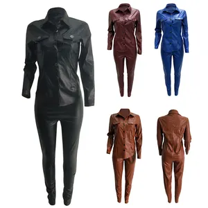 Conjunto jaqueta couro pu feminino, duas peças roupas outono 5 cores inverno S-XXXL camisa de couro pu + calça lápis agasalho